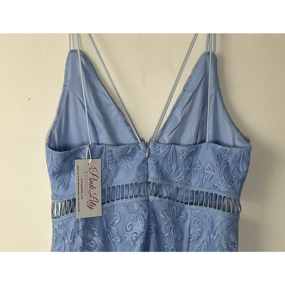 Pink Lily Embroidered Sheath Pencil Dress Medium Mesh Blue V Neck Strappy - Picture 4 of 14